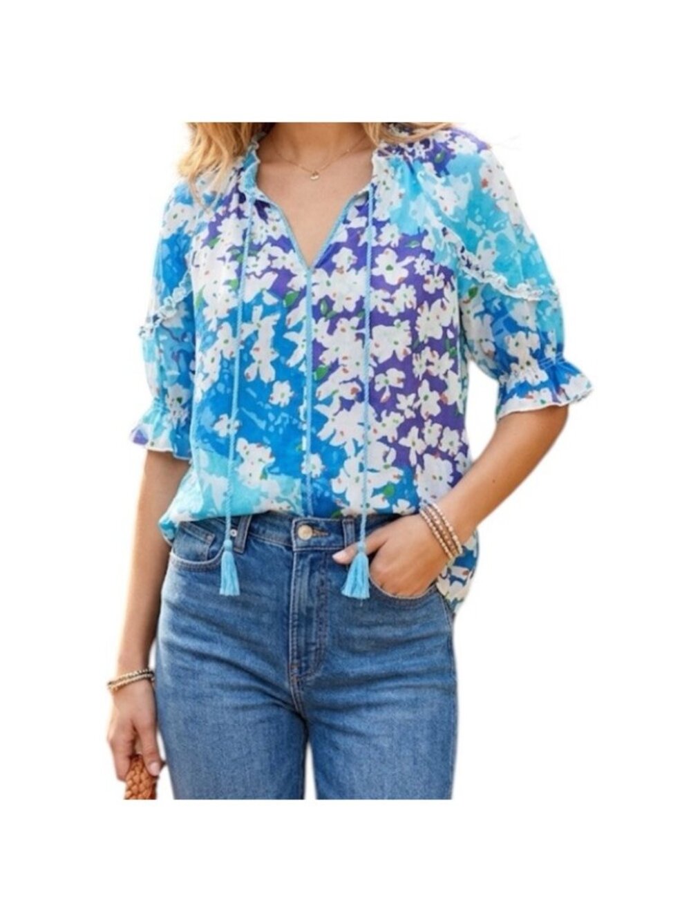 Grand & Greene Colorful Floral Boho Cottagecore Peasant Tassel Blouse Large